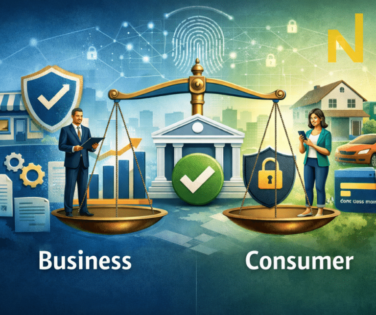 A business professional and a consumer balanced on scales with a bank building, representing secure DebiCheck payment authentication in South Africa.