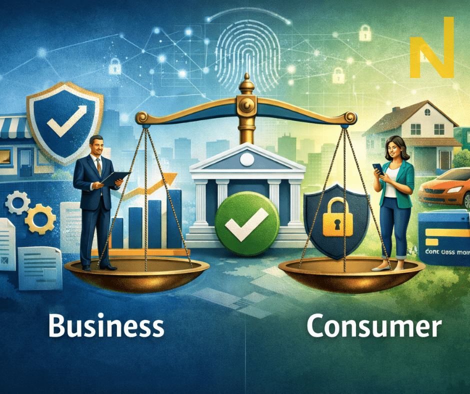A business professional and a consumer balanced on scales with a bank building, representing secure DebiCheck payment authentication in South Africa.