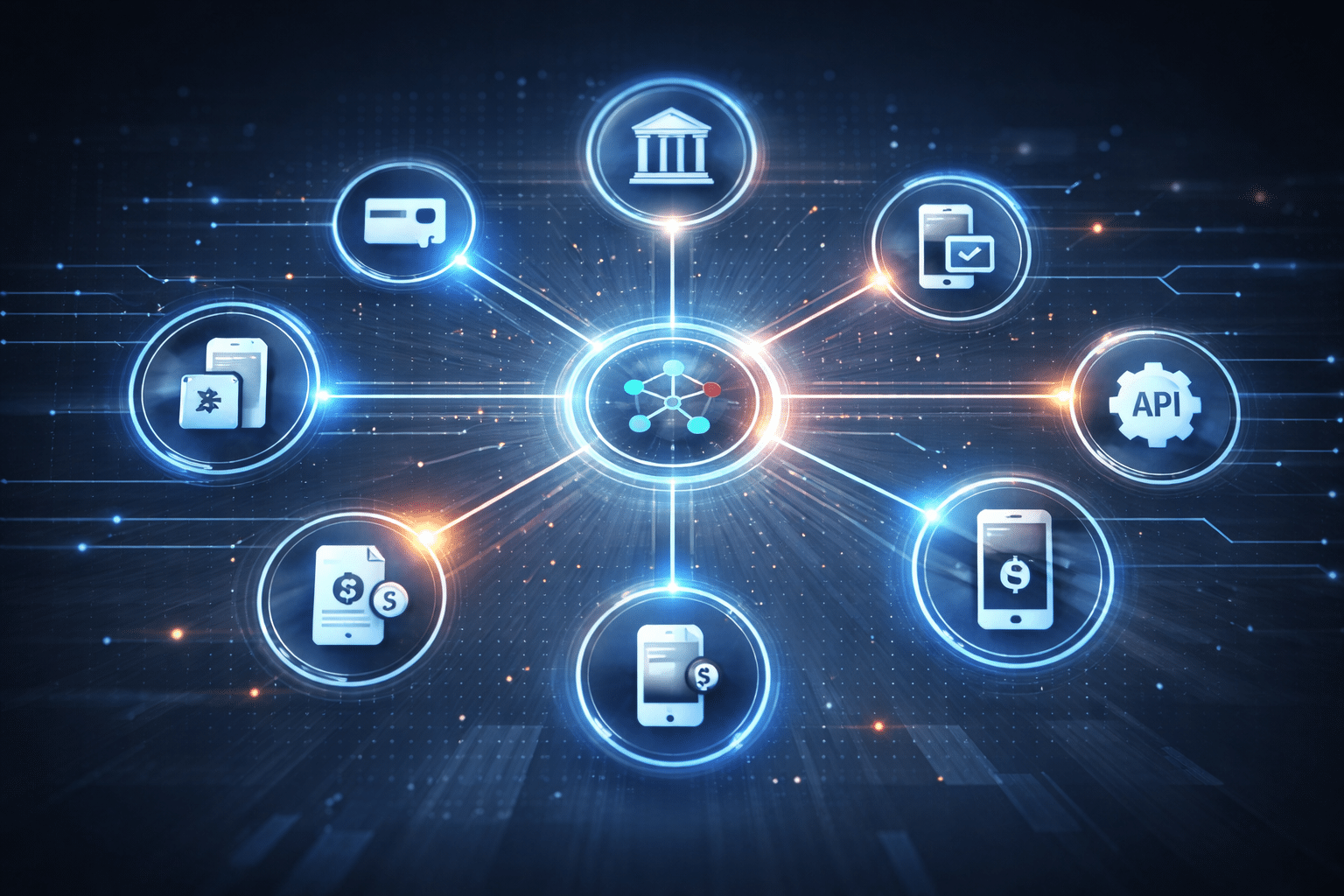 Digital network diagram of modern payment gateway solutions including mobile payments, API integration, and secure banking technology.