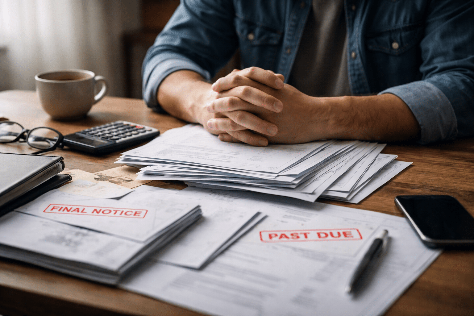 Stressed individual managing unmanaged consumer debt with financial documents, a calculator, and overdue payment notices on a wooden table.